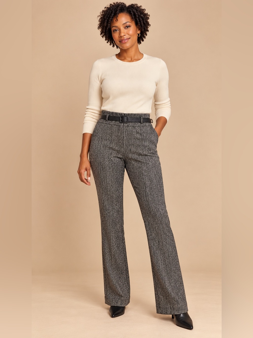 Kasper NWT Black Multi Herringbone Belted Bootcut Pants Size S